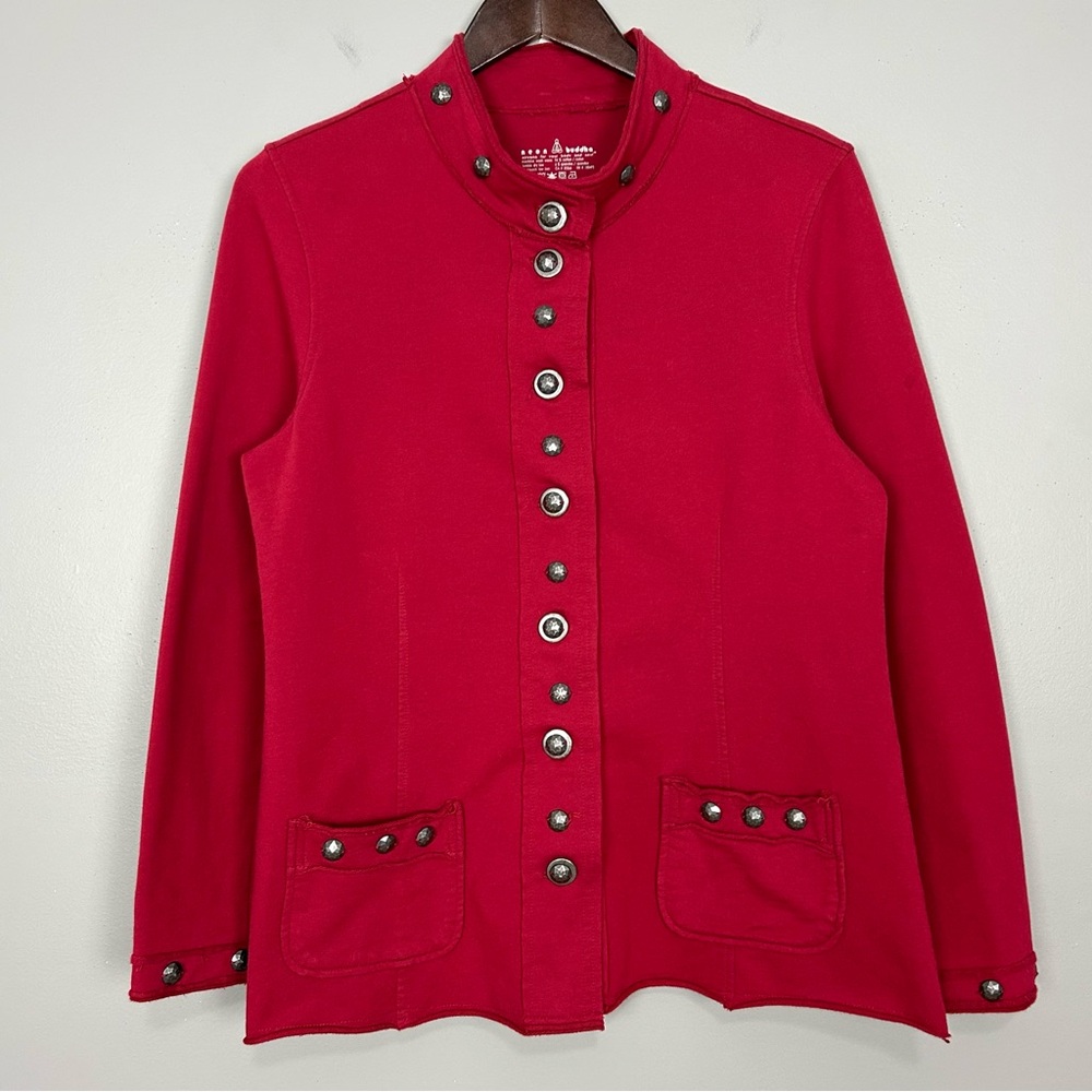 Neon Buddha Cotton Knit Jacket Women’s Size M Artsy Boho Mock Neck Pockets Red